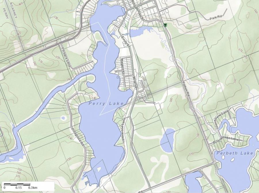 Topographical Map of Perry Lake in Municipality of Kearney and the District of Parry Sound